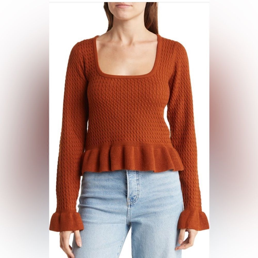 NEW WAYF Square Neck Ruffle Peplum Sweater Top - Rust Medium
